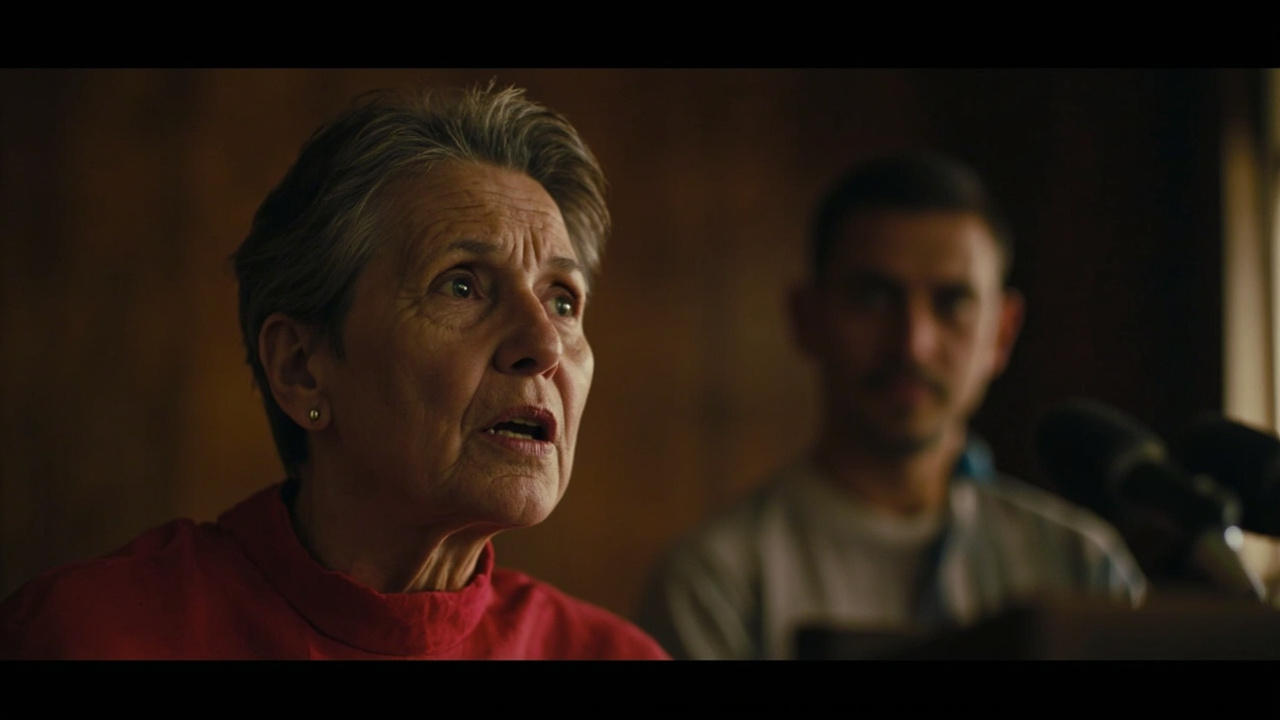 Nobel laureate Maria Ressa speaking at a podium about narrative warfare and the breakdown of democratic information systems