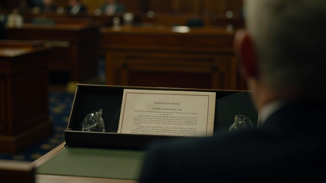 Empty Senate chamber with the AUMF resolution displayed on the clerk's desk