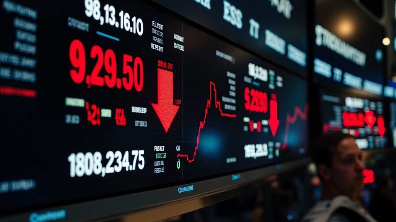 A stock exchange trading floor display board showing red downward arrows and declining index numbers