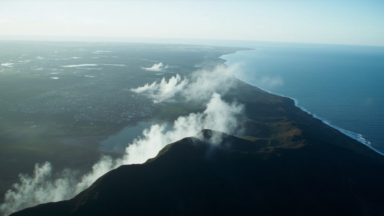Aerial view of Iceland's Reykjanes Peninsula with steam rising from volcanic fissures and the town of Grindavik visible in the distance