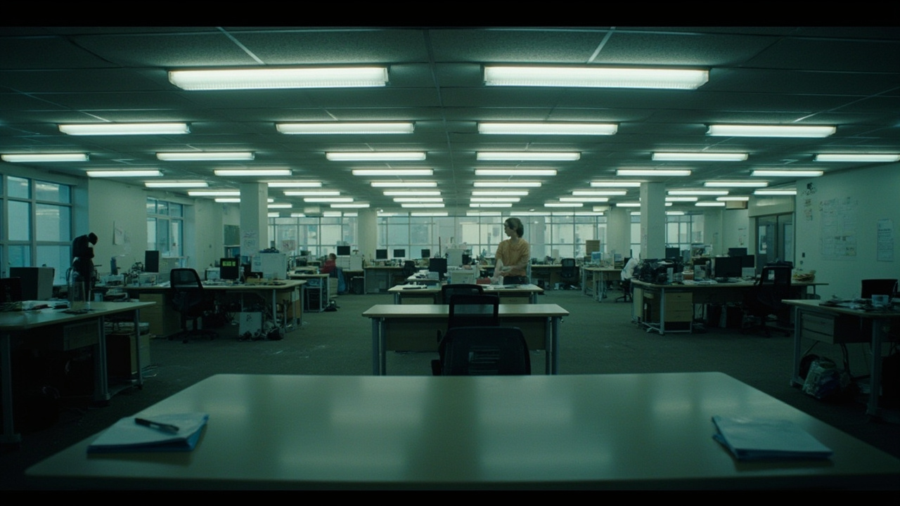 Empty open-plan tech office with personal belongings left on desks and overhead fluorescent lights still on