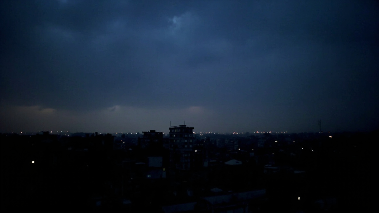 Tehran skyline at dusk with scattered apartment lights visible against a darkening sky