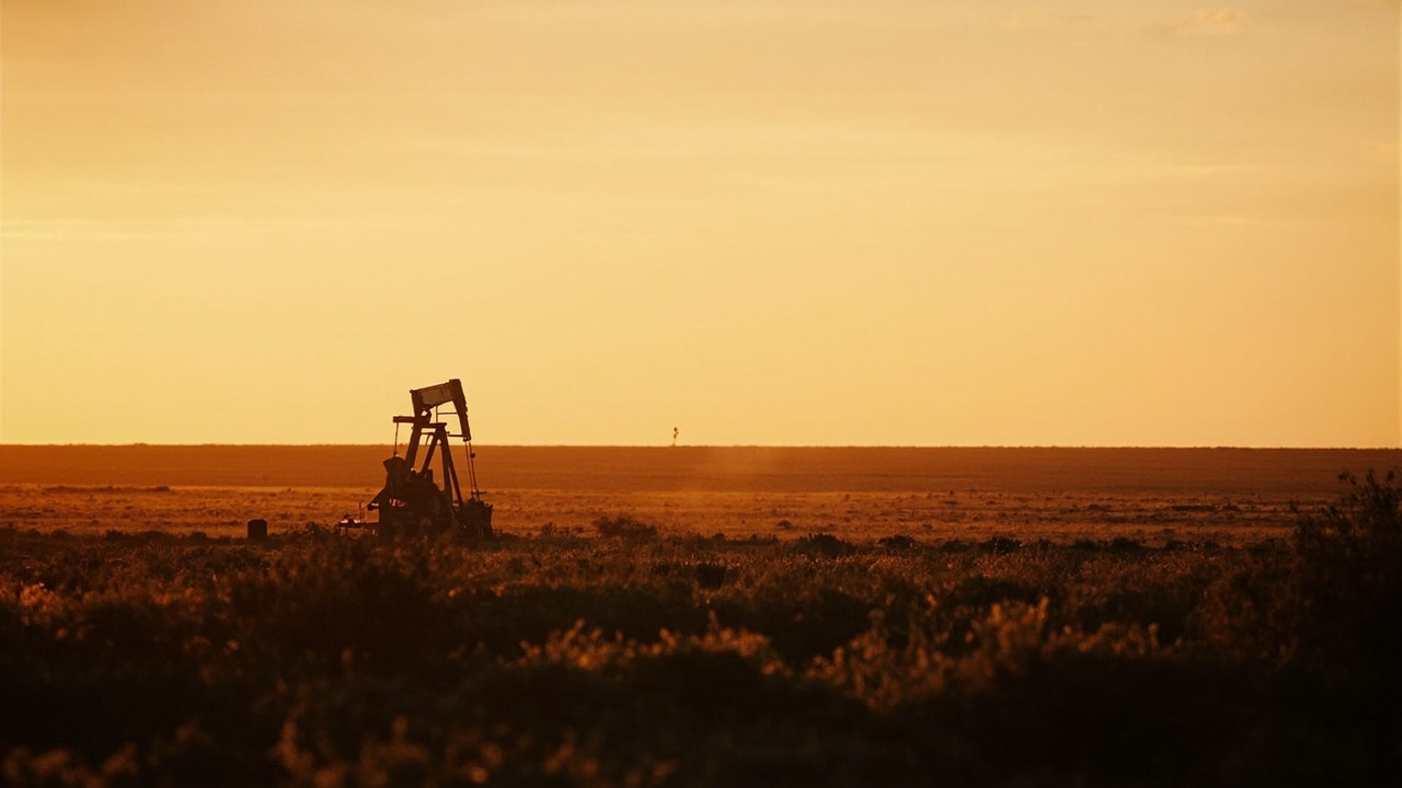 A lone pumpjack operating in the flat West Texas landscape at golden hour with no other industrial activity visible on the horizon