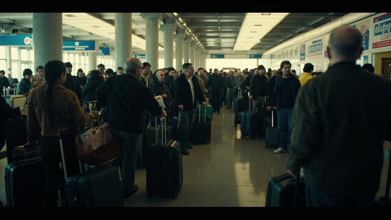 Long snaking security line inside a US airport terminal with frustrated travelers and their luggage filling the frame