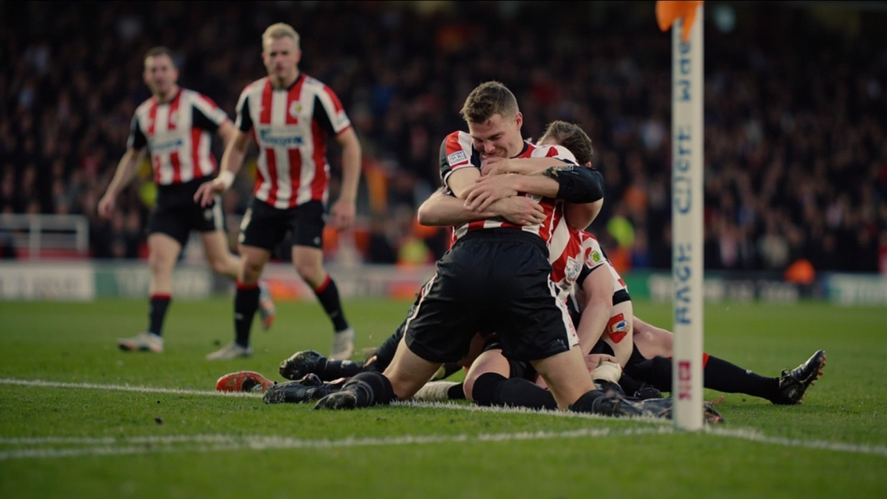 Sunderland players celebrating in a pile near the corner flag at St James Park with Newcastle fans visible in the background