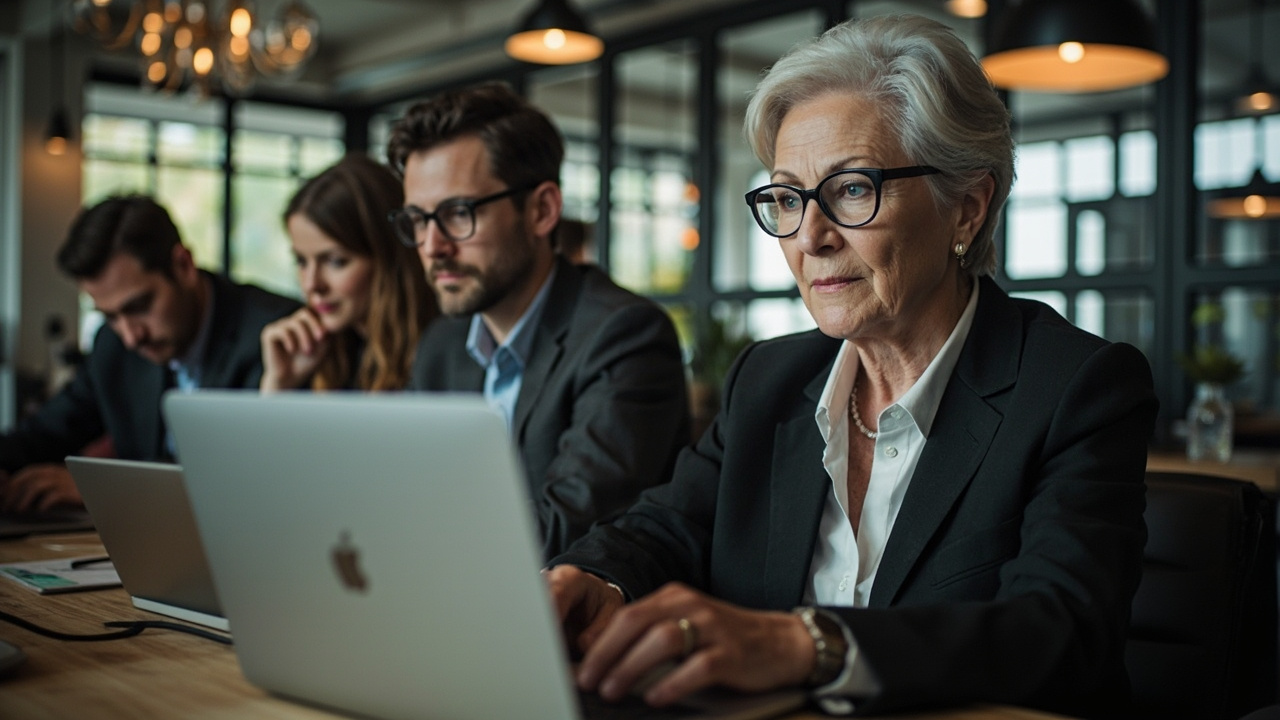 A silver-haired woman in business casual attire working at a laptop in a modern coworking space surrounded by younger colleagues