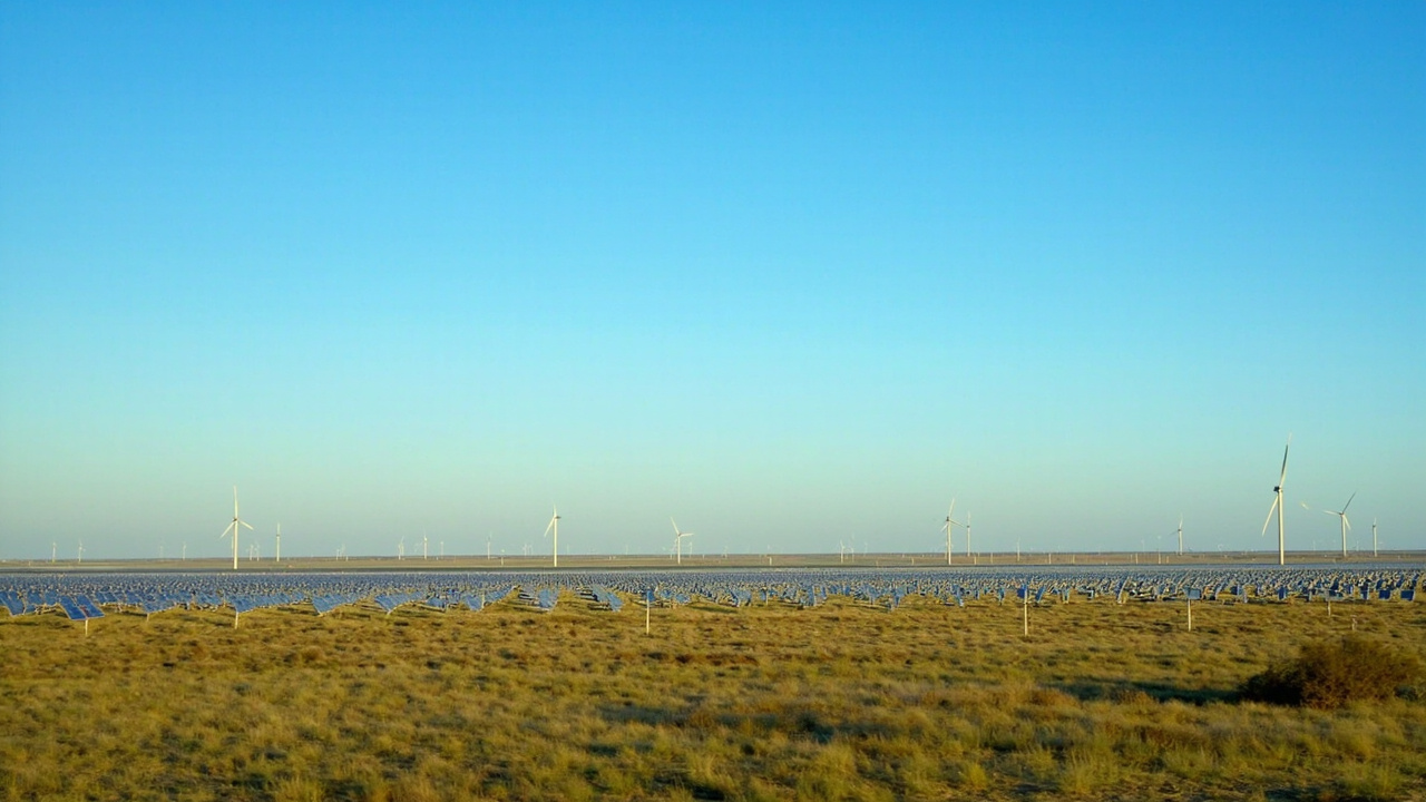 A vast solar farm stretching across flat Texas farmland with wind turbines visible on the horizon under a clear blue sky