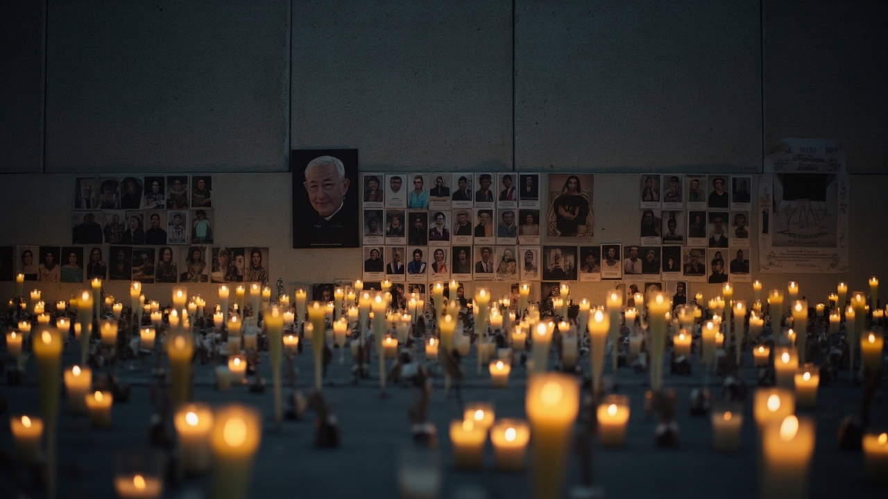 A somber memorial wall with photographs and candles arranged in rows against a concrete barrier