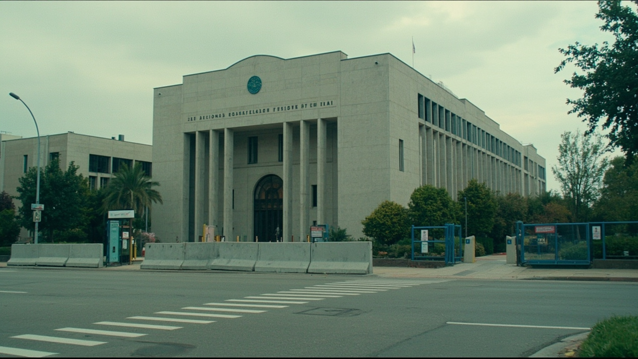 Exterior of a US embassy building with concrete barriers and security checkpoints under overcast skies