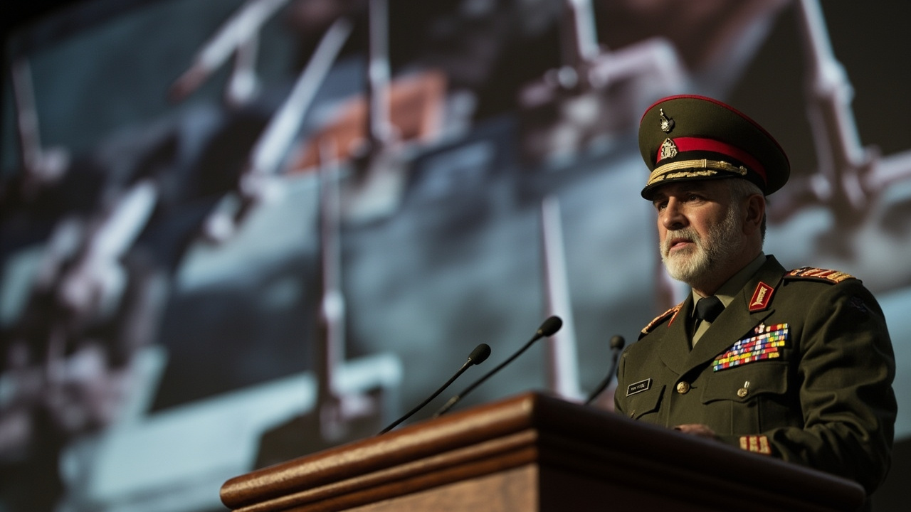 Iranian military spokesman Brigadier General Ebrahim Zolfaghari at a Tehran press podium with missile graphics behind him