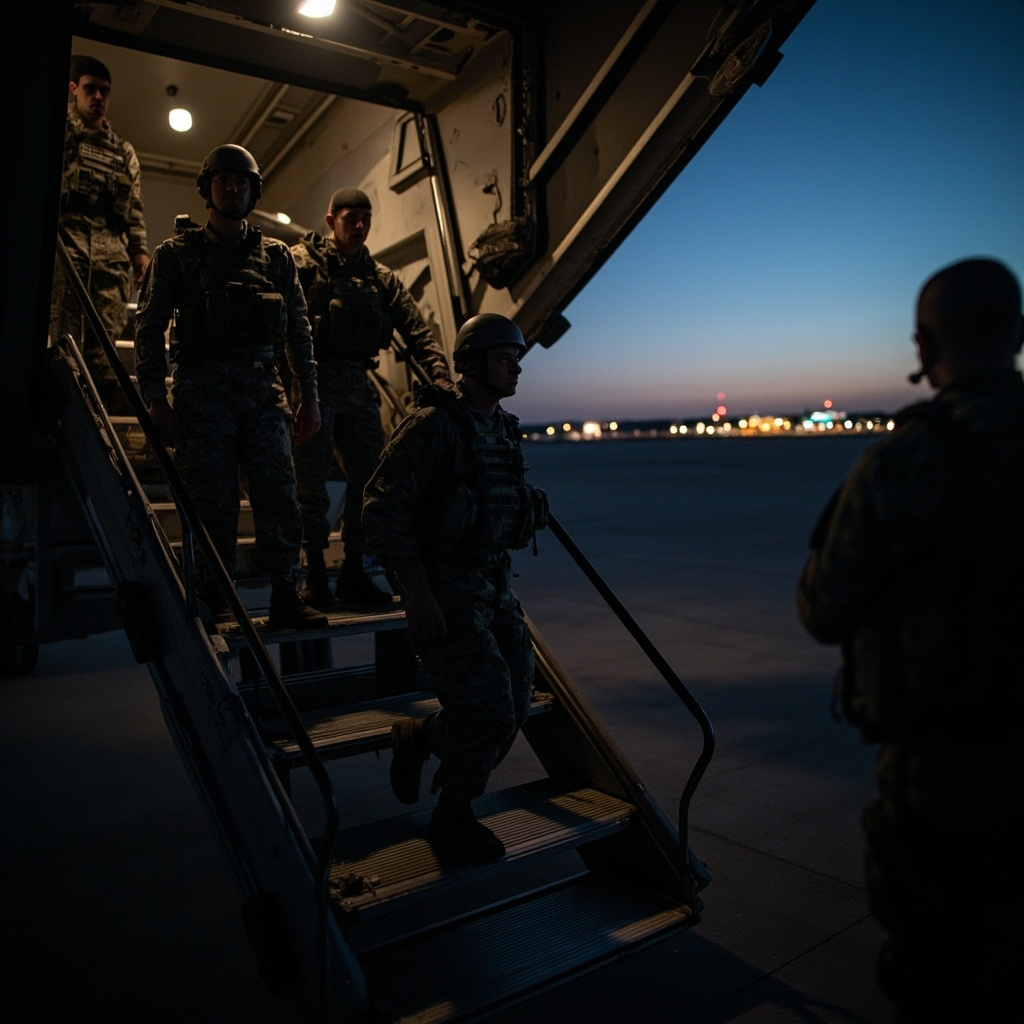 Paratroopers in full combat gear boarding a C-17 Globemaster transport aircraft at dusk, with Fort Liberty's runway lights stretching into the background
