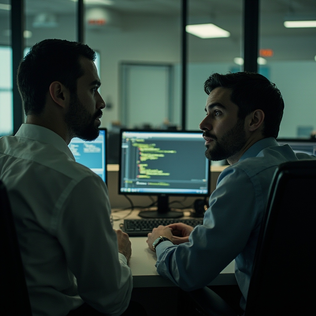 Two office workers having a quiet conversation at a desk with a computer screen showing code in the background slightly out of focus