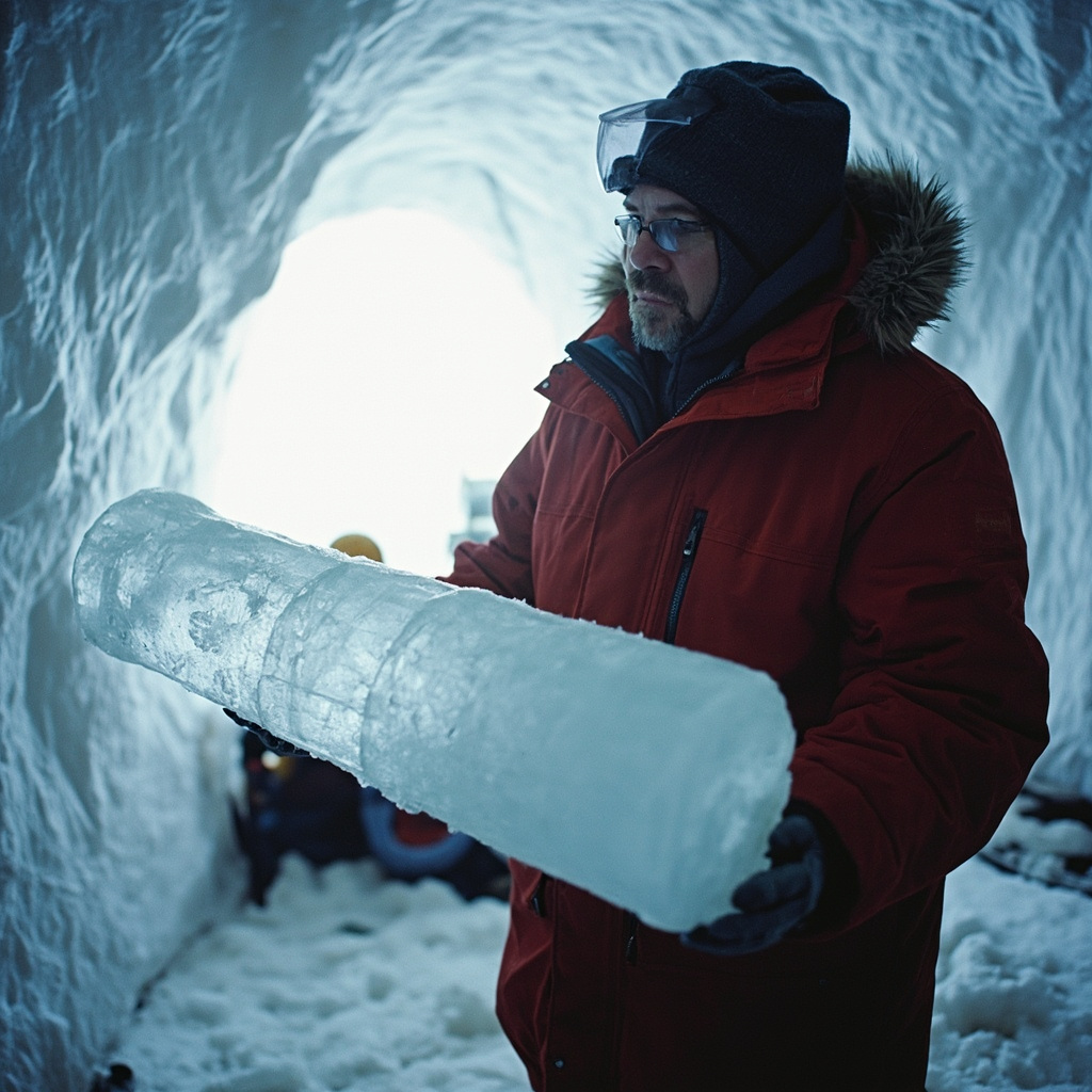 A researcher in a red parka examining a translucent cylindrical ice core held horizontally in a laboratory tent on the Antarctic ice sheet
