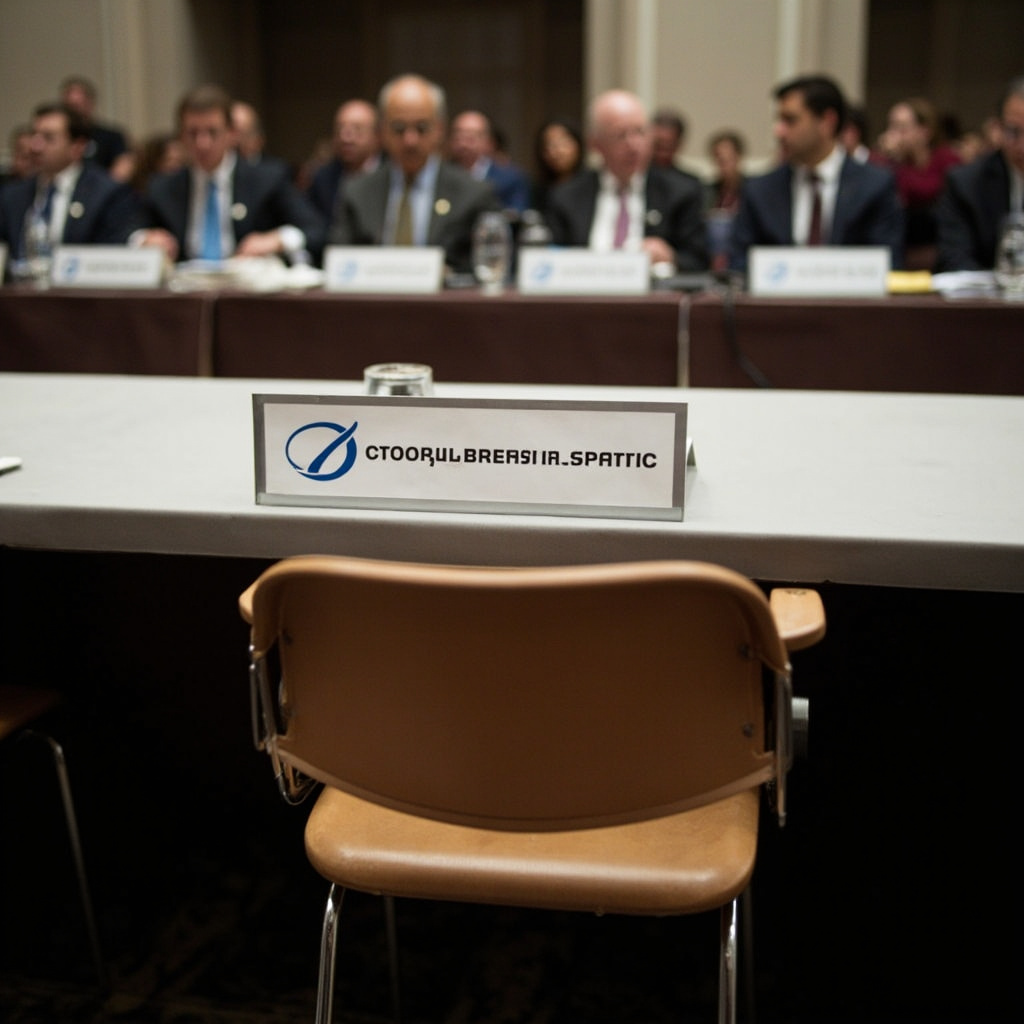 A conference table at the United Nations with company logos displayed on name placards and one empty chair
