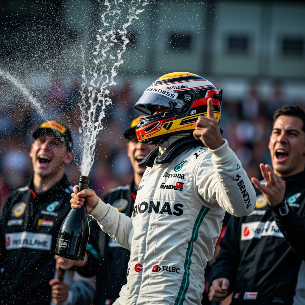 Kimi Antonelli celebrating on the podium at the Shanghai International Circuit with the Mercedes team after winning the 2026 Chinese Grand Prix