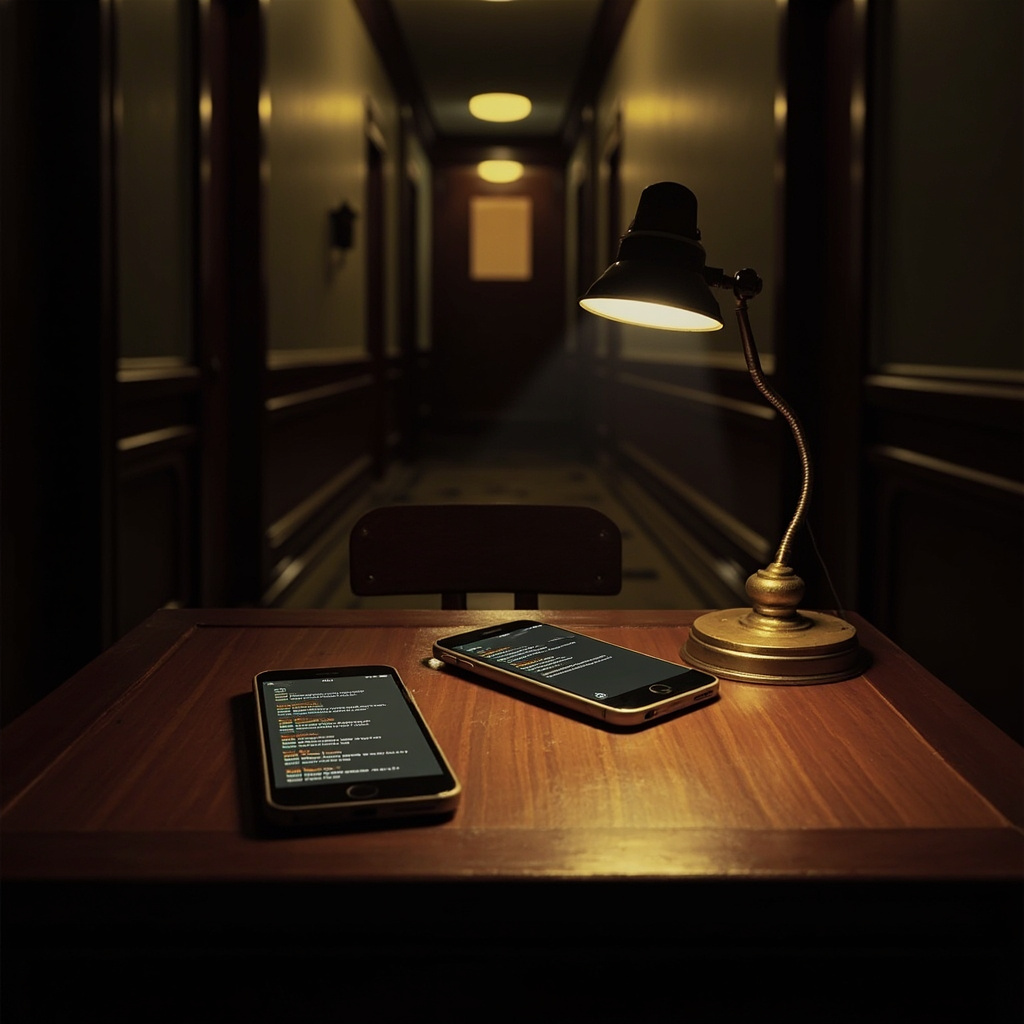 A dimly lit diplomatic corridor with two mobile phones on a table, each displaying message threads, representing the secret Araghchi-Witkoff communication channel
