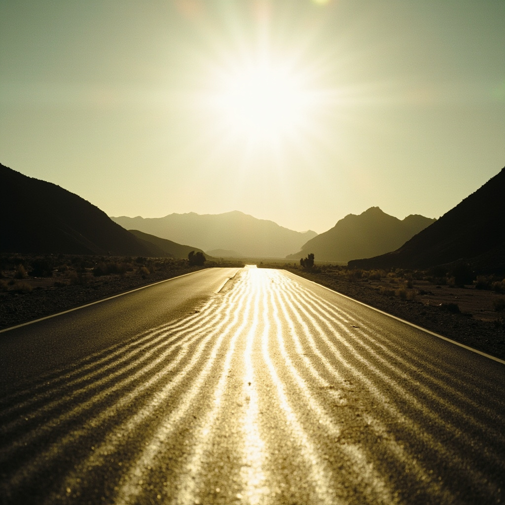 A shimmering desert highway stretching toward distant mountains under a blazing white sun with heat distortion waves rising from the asphalt