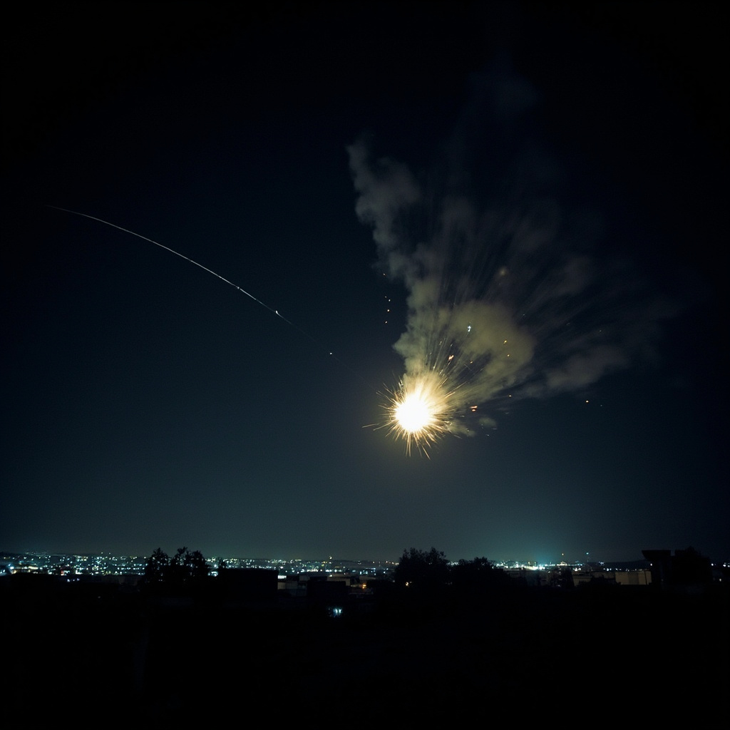Night sky over southern Israel showing the bright flash and debris trail of an Arrow 3 exoatmospheric interception of an Iranian ballistic missile
