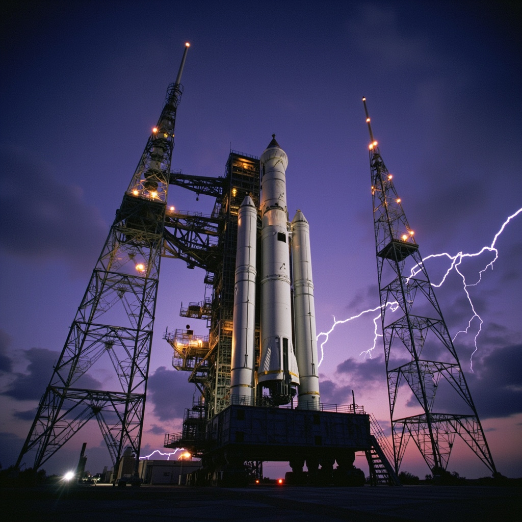 The Artemis II Space Launch System rocket standing on Launch Pad 39B at Kennedy Space Center at twilight with the service structure and lightning towers framing the scene