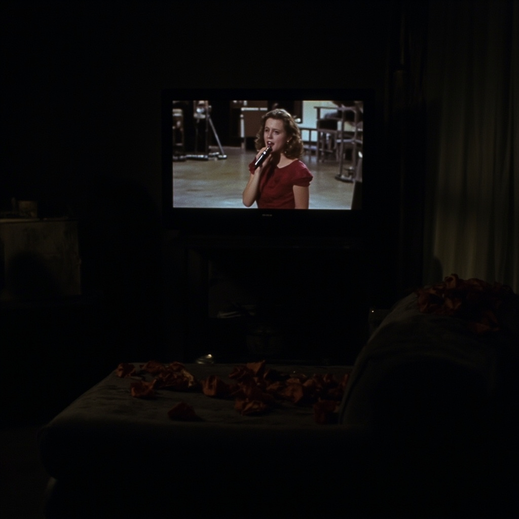 A television screen in a dark living room showing an American Idol rerun with an empty couch in the foreground and rose petals on a side table