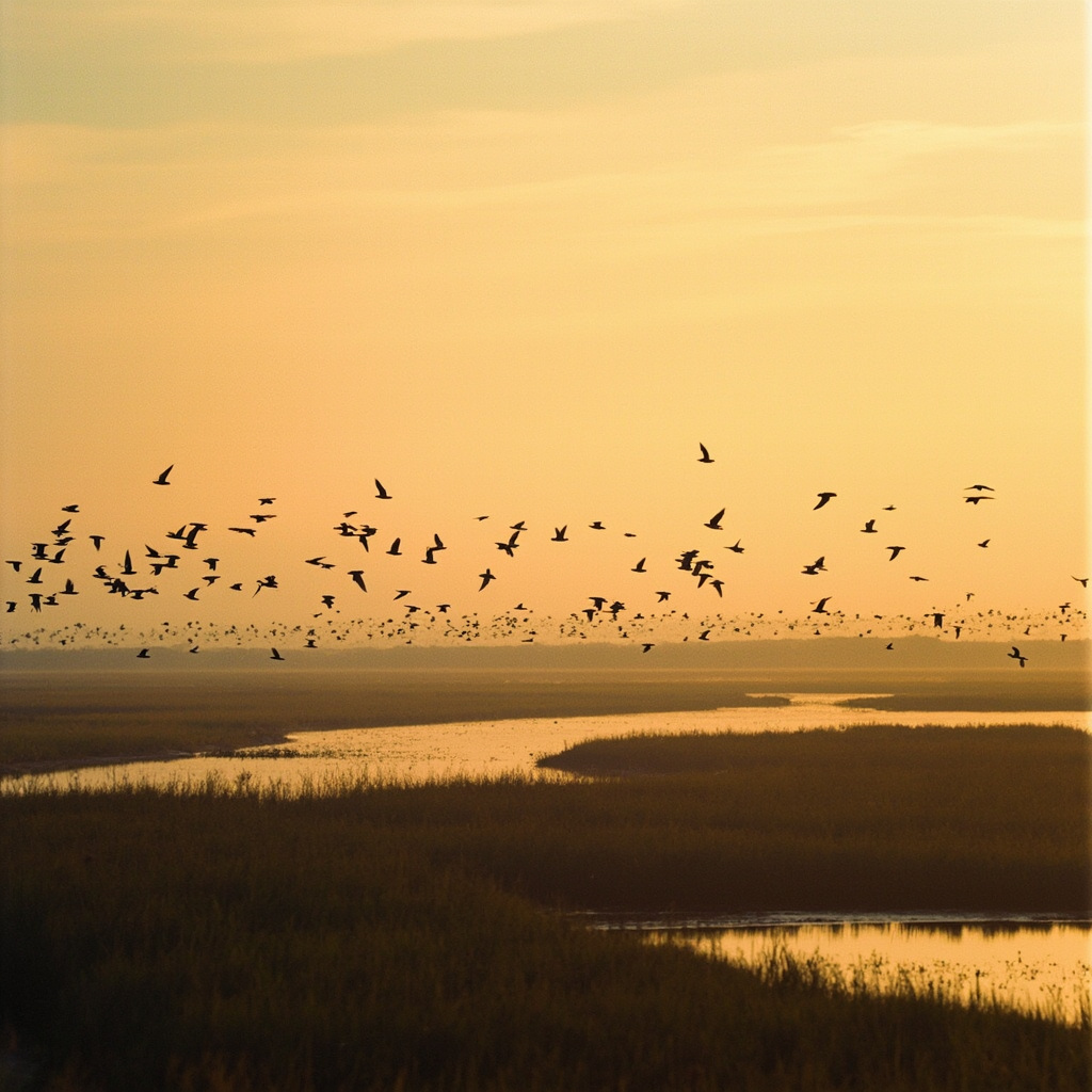 A wetland landscape at dawn with migrating wild birds in flight over marshes, evoking the persistent pathway of avian influenza spread