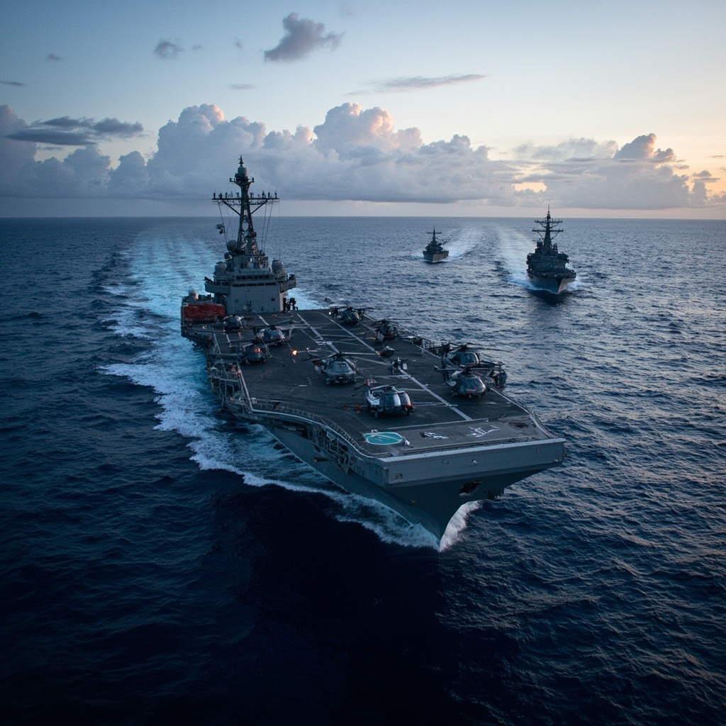 USS Boxer amphibious assault ship cutting through deep blue Pacific waters at dusk, flight deck loaded with helicopters and tilt-rotors, escorted by two smaller warships