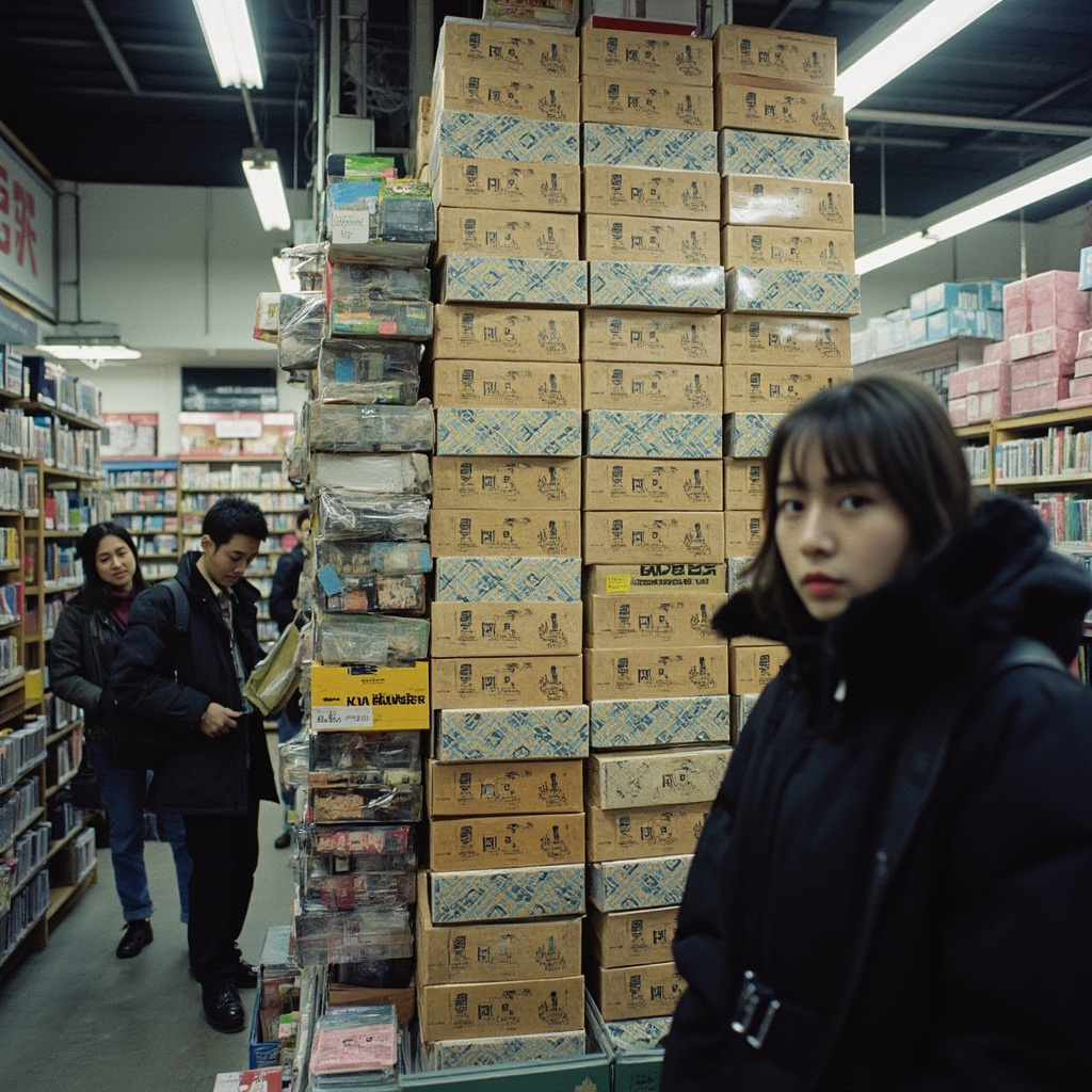Towering display of stacked BTS ARIRANG album boxes in a Seoul record store with Korean traditional pattern wrapping and fans browsing