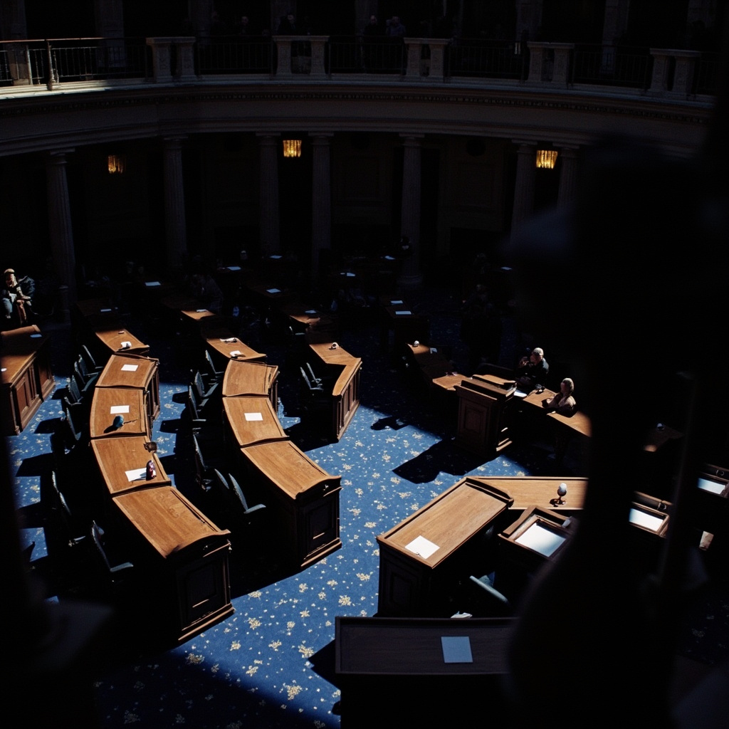 Empty United States Senate chamber viewed from the gallery, desks arranged in semicircle, overhead lights casting long shadows across vacant seats