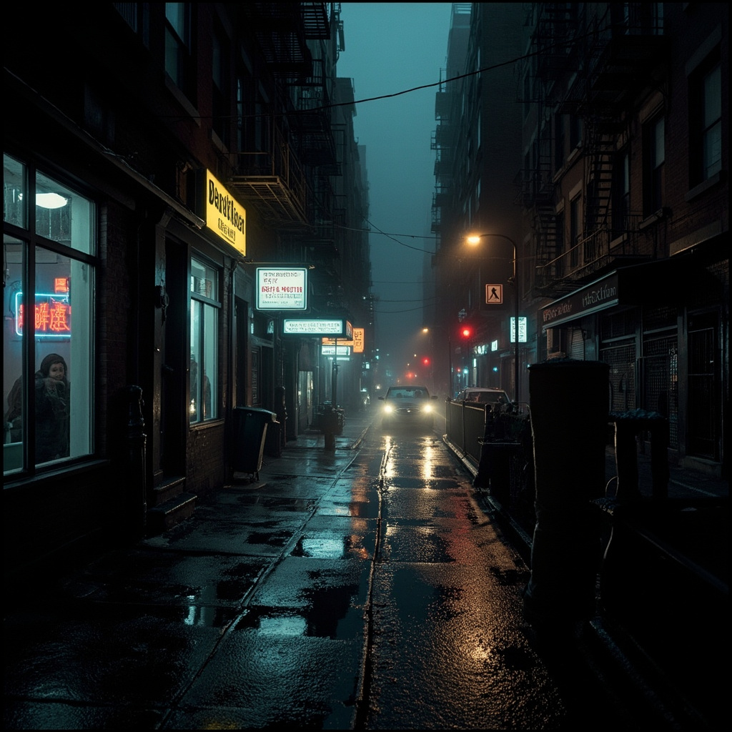 A dark rainy New York City street at night with neon signs reflected on wet pavement in the Hell's Kitchen neighborhood