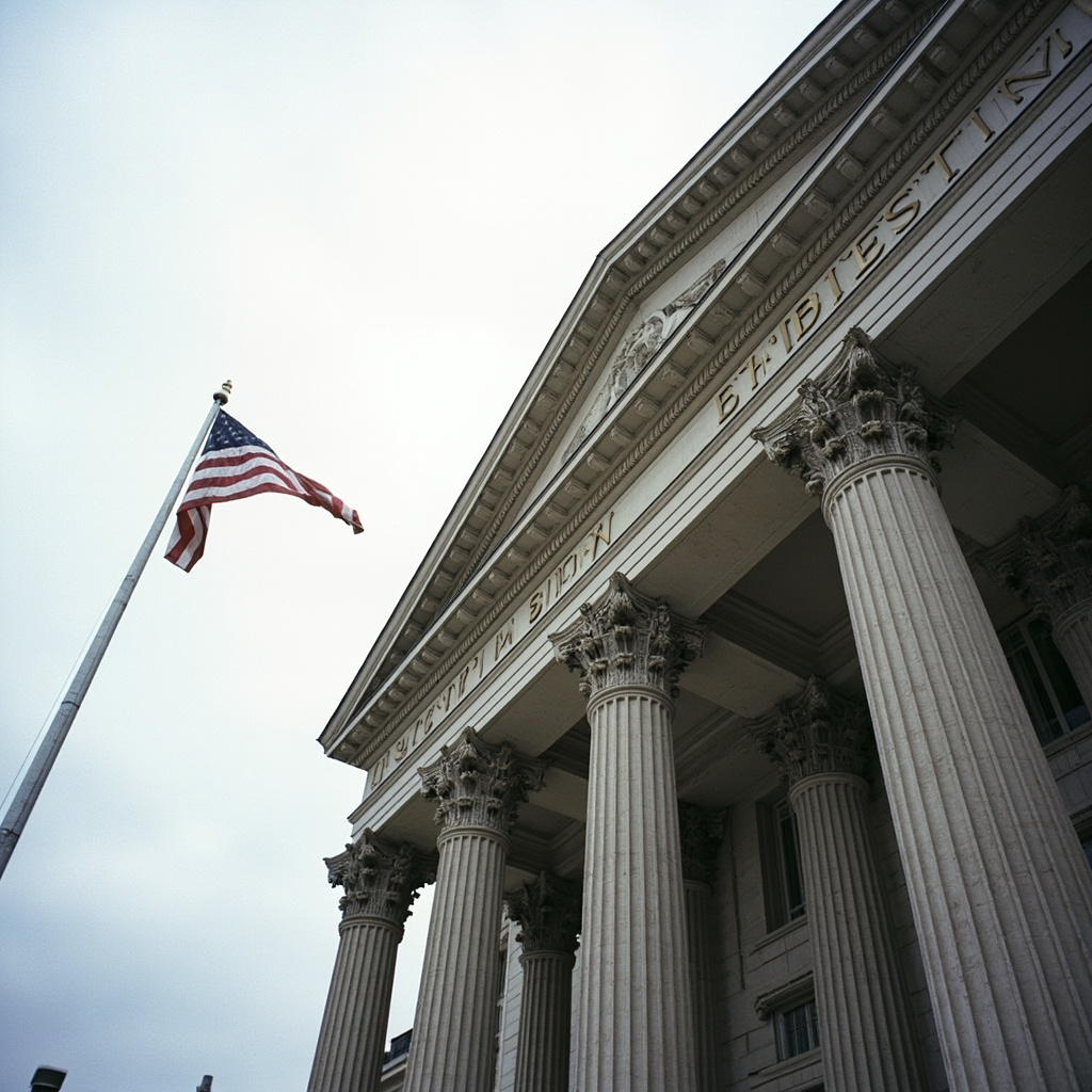 The exterior of the Warren E. Burger Federal Building courthouse in St. Paul Minnesota with an American flag at half-staff