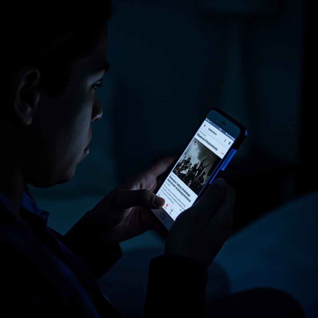 Close-up of hands holding a smartphone in a dark room, screen showing a news feed of war coverage, the blue light illuminating anxious fingers mid-scroll