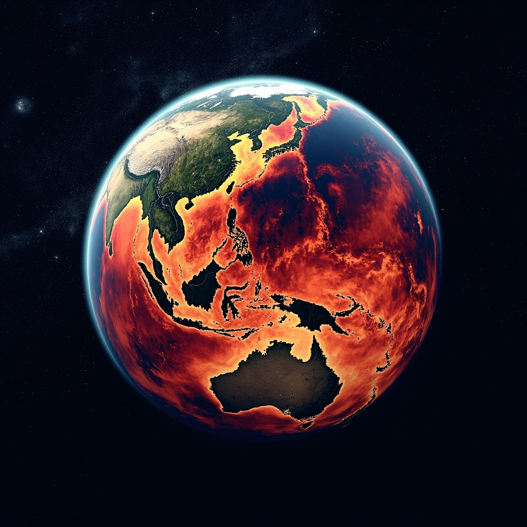 Satellite visualization of the Pacific Ocean showing warming sea surface temperature anomalies in the equatorial region indicating emerging El Nino conditions