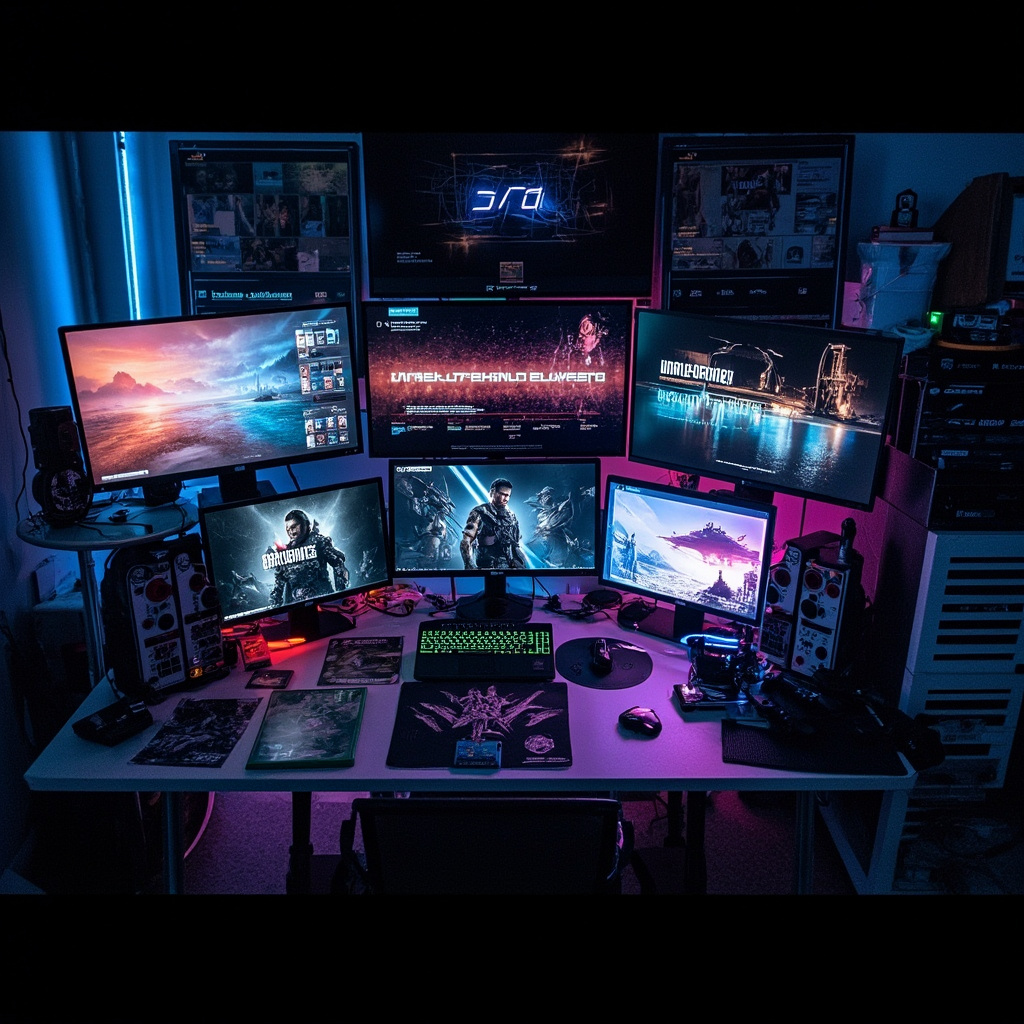 A gaming desk crowded with multiple game cases and download screens showing titles from March 2026 releases illuminated by RGB monitor light