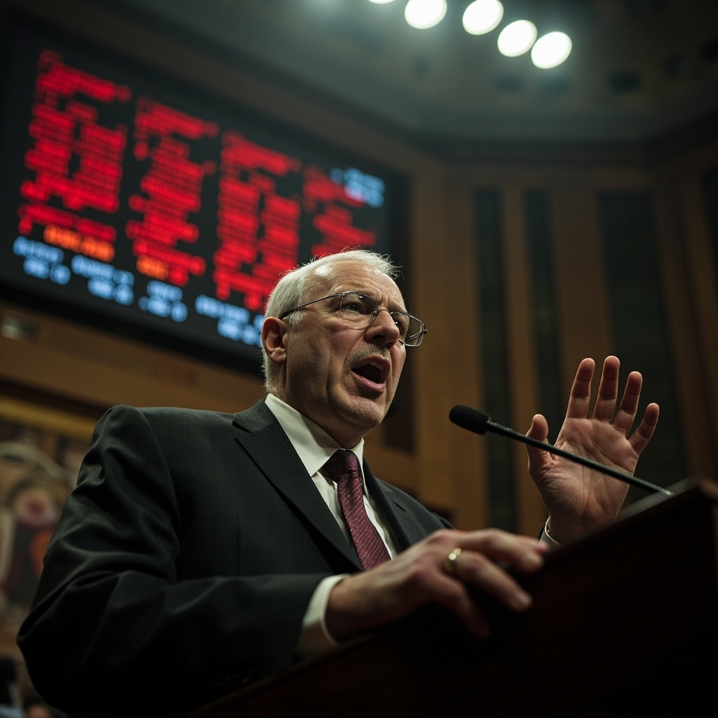 Iranian Parliament Speaker Mohammad Bagher Ghalibaf at a podium, gesturing emphatically while denying negotiations, with a split screen showing oil futures tickers dropping