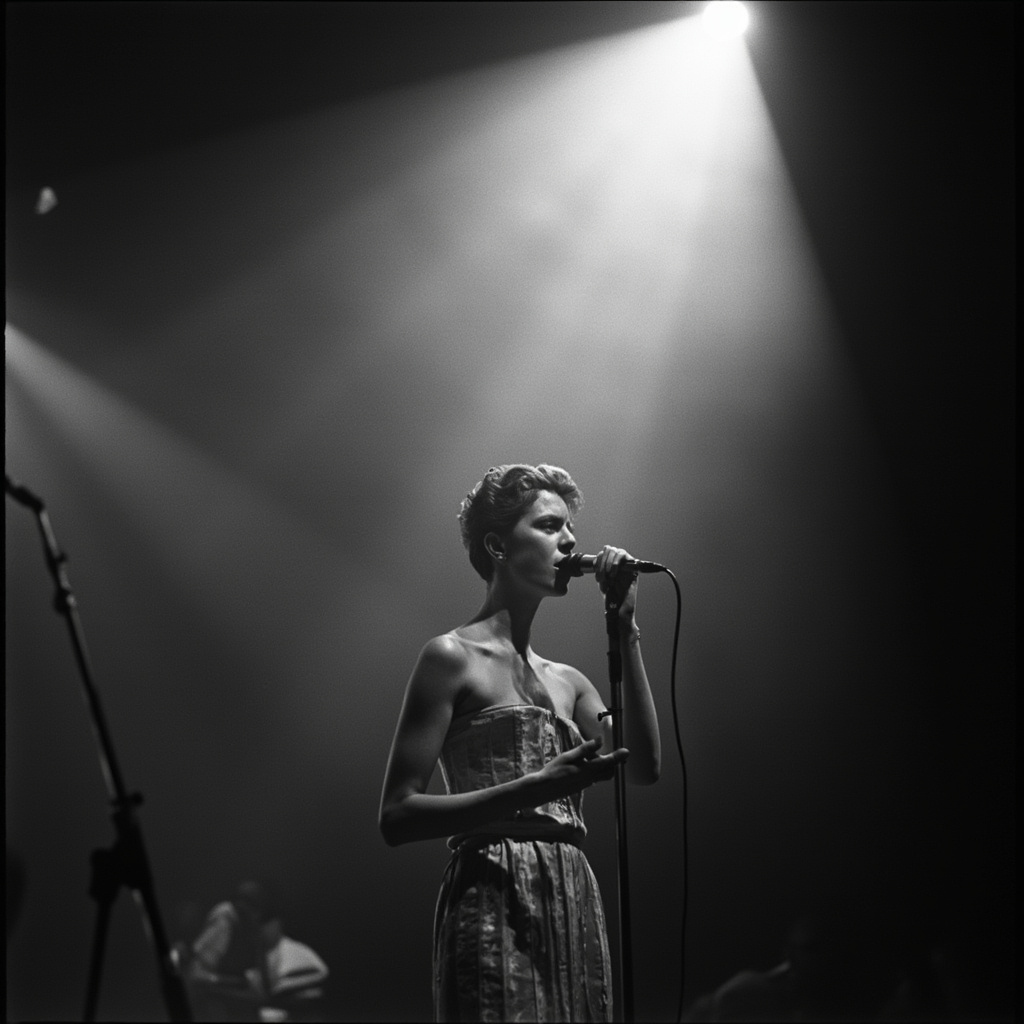 Black and white archival photograph of a young Gino Paoli performing at a microphone in a smoky Italian nightclub in the 1960s, dramatic spotlight cutting through haze