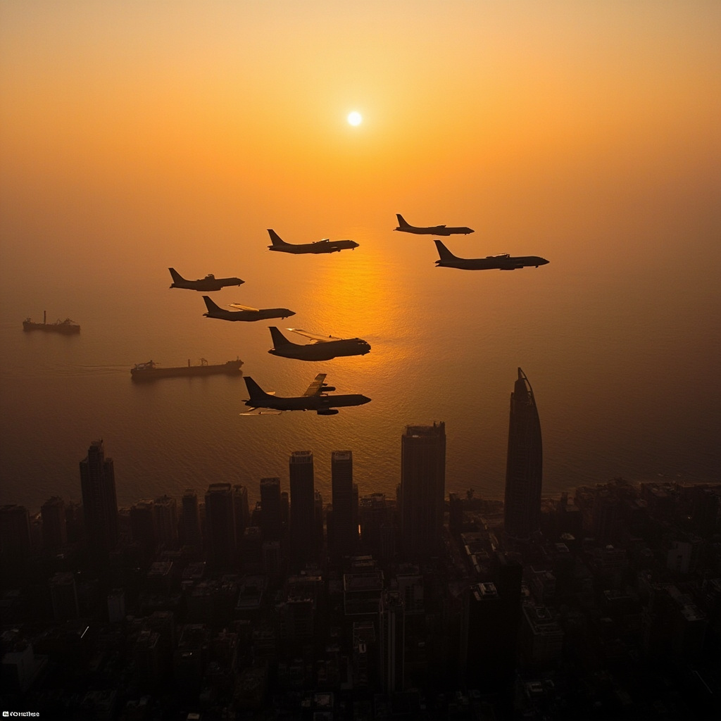 Aerial view of a Gulf city skyline at dusk with military transport aircraft silhouetted against the sky and oil tankers anchored offshore