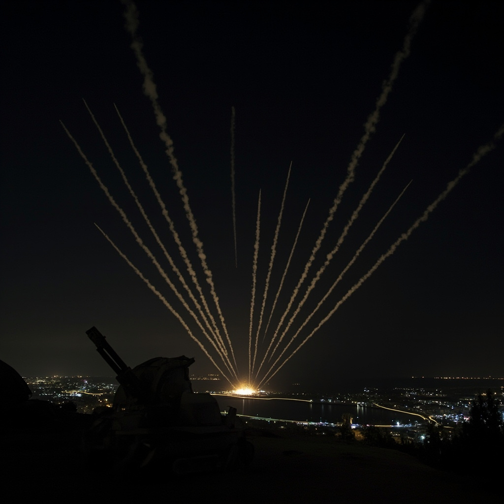Night sky over Haifa Bay illuminated by multiple streaks of interceptor missiles arcing upward against a dark cityscape, Iron Dome battery visible in foreground