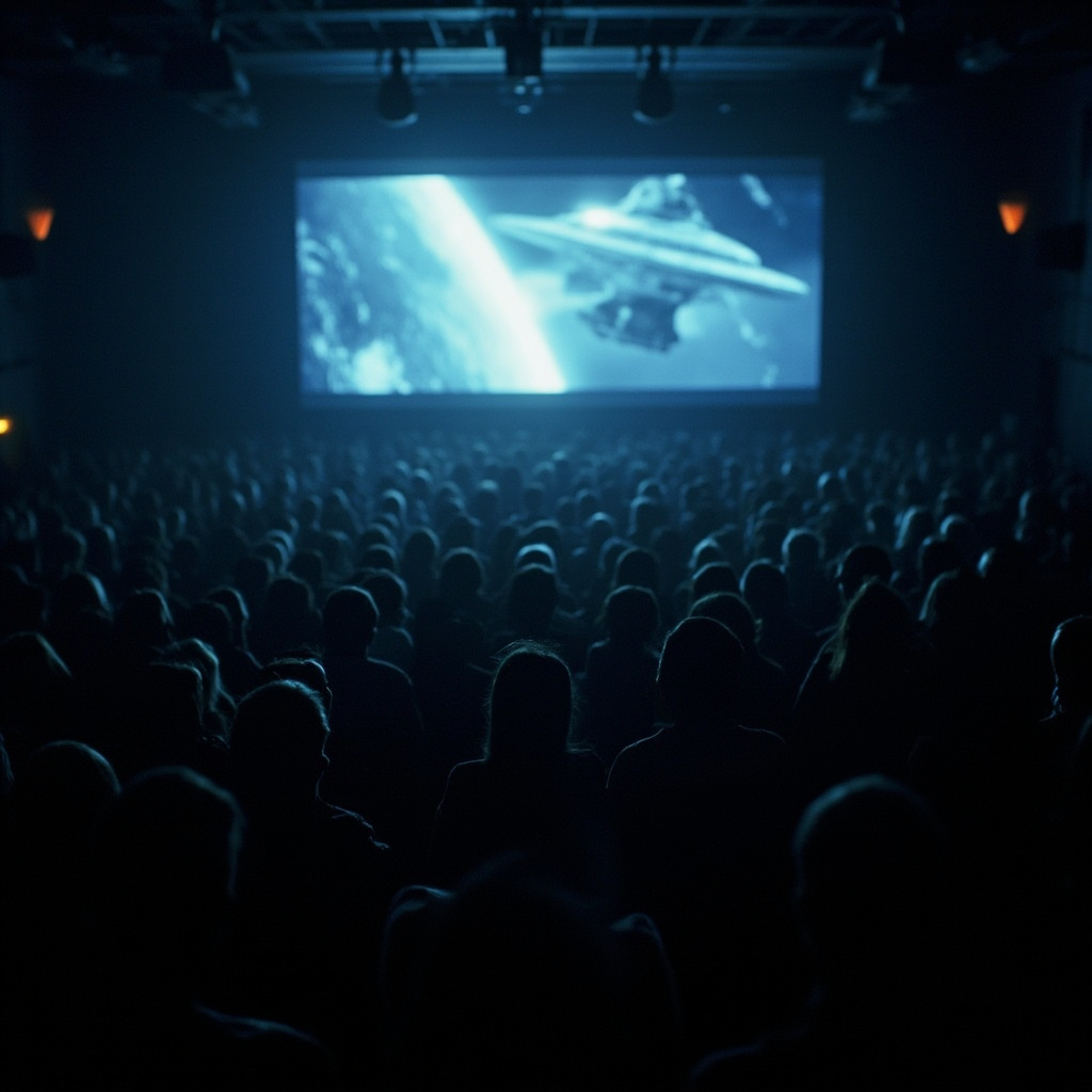 A packed movie theater audience in the dark, faces illuminated by the blue-white glow of a spaceship on screen, with the Project Hail Mary title card visible