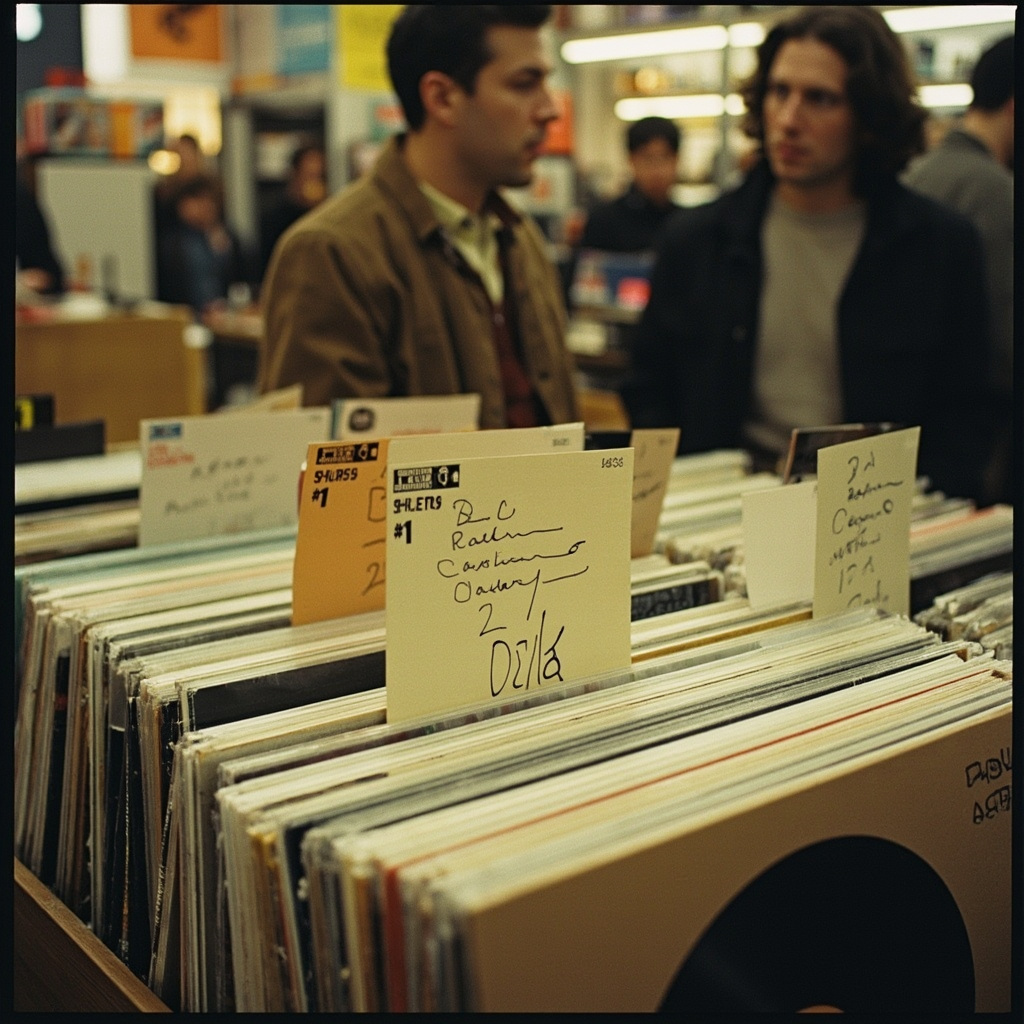 A vinyl record store display featuring multiple copies of Harry Styles Kiss All The Time album with a handwritten number one chart card
