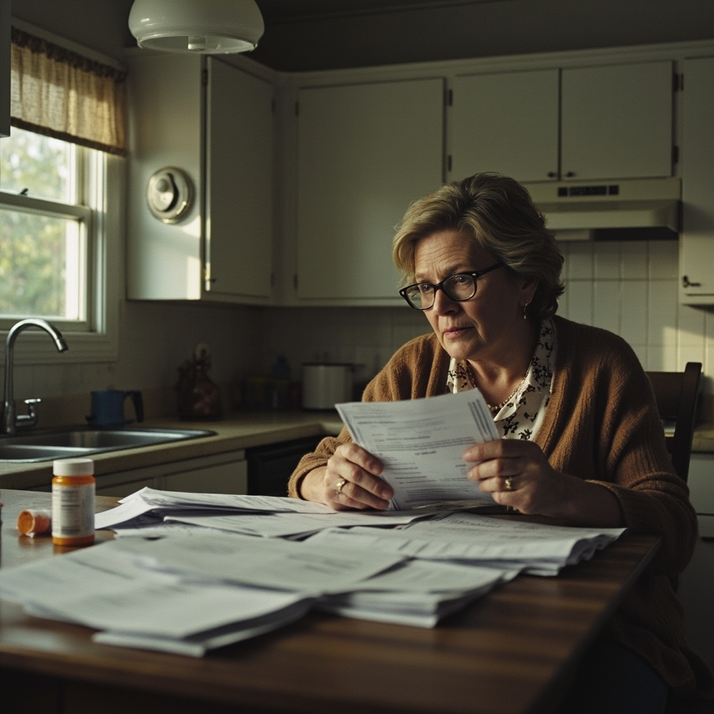 A middle-aged woman sitting in a sparse kitchen reviewing medical bills spread across the table with reading glasses and an empty pill bottle nearby