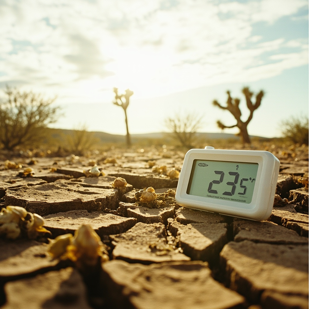 Cracked dry earth and wilted desert vegetation under a white March sky in the Arizona desert, a digital thermometer reading 108 degrees visible in the foreground