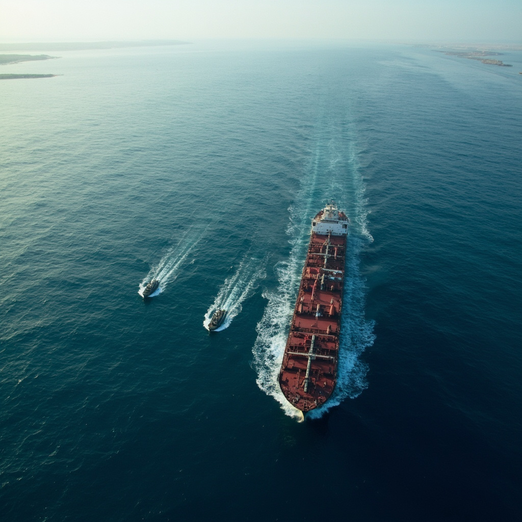 Aerial view of a massive oil tanker navigating the narrow Strait of Hormuz, Iranian coastline visible on one side and Omani coast on the other, IRGC patrol boats trailing
