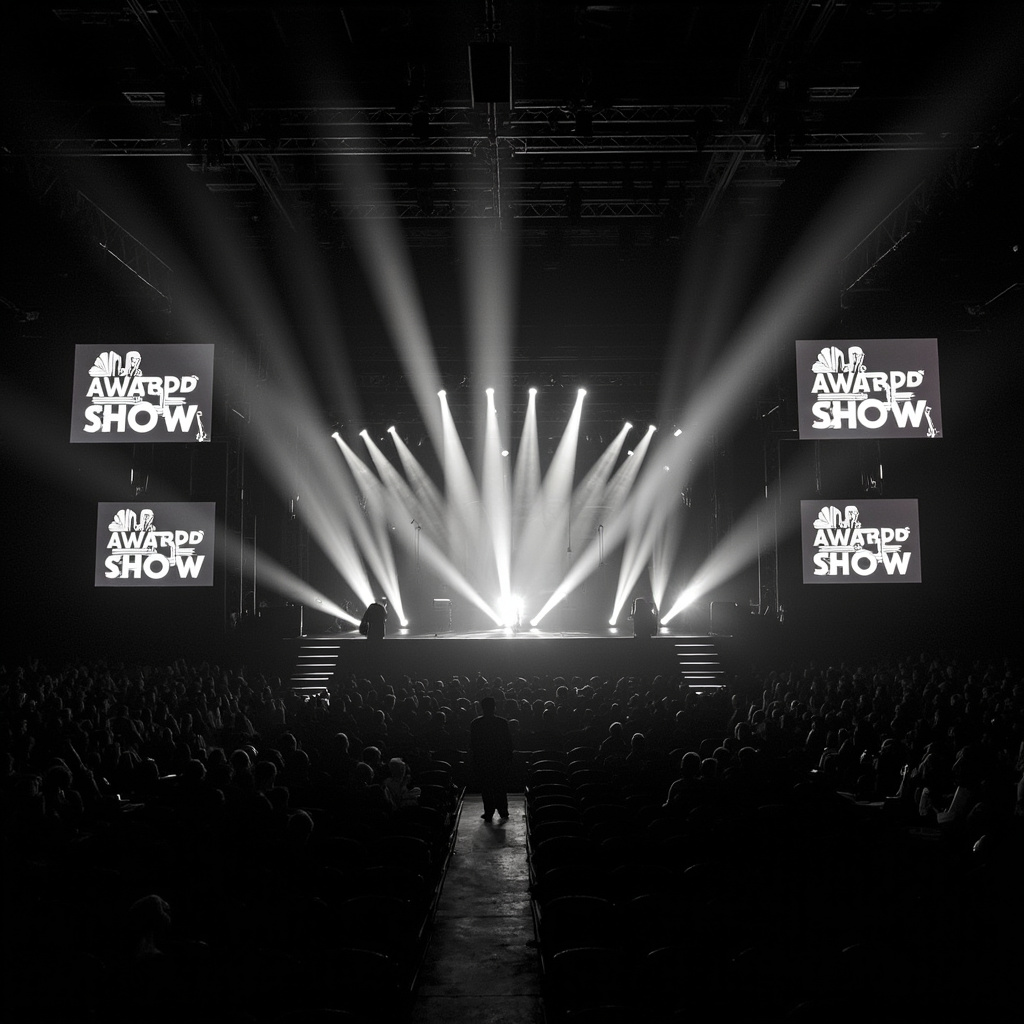A brightly lit concert stage with the iHeartRadio Music Awards logo projected on massive LED screens and empty audience seats awaiting the show