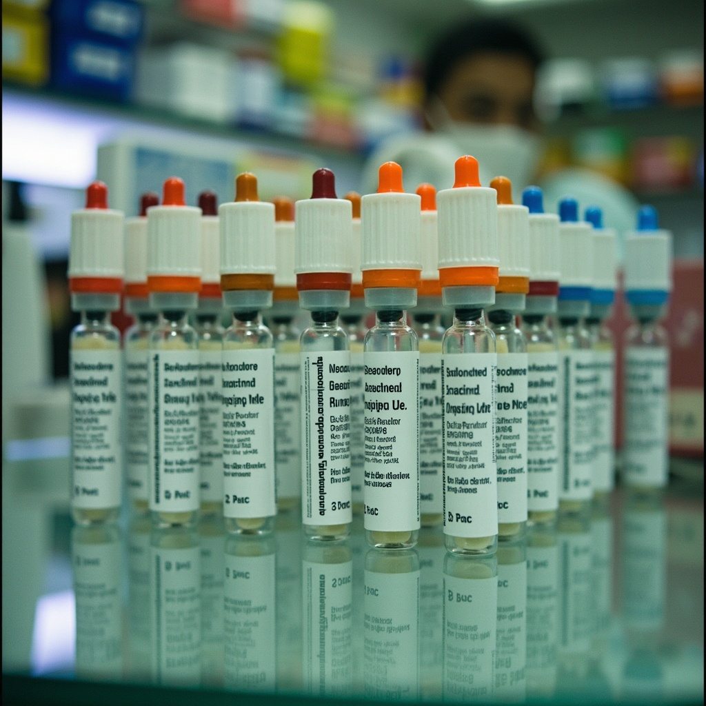 Rows of branded generic semaglutide injection pens from different Indian manufacturers lined up on a pharmacy counter with Hindi and English labels