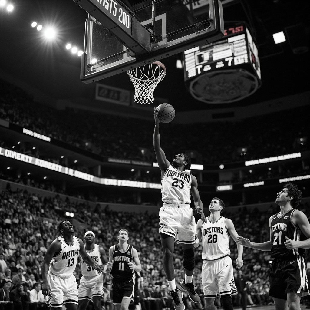 A packed basketball arena with players frozen mid-action as a corner three-pointer arcs toward the basket in the final seconds