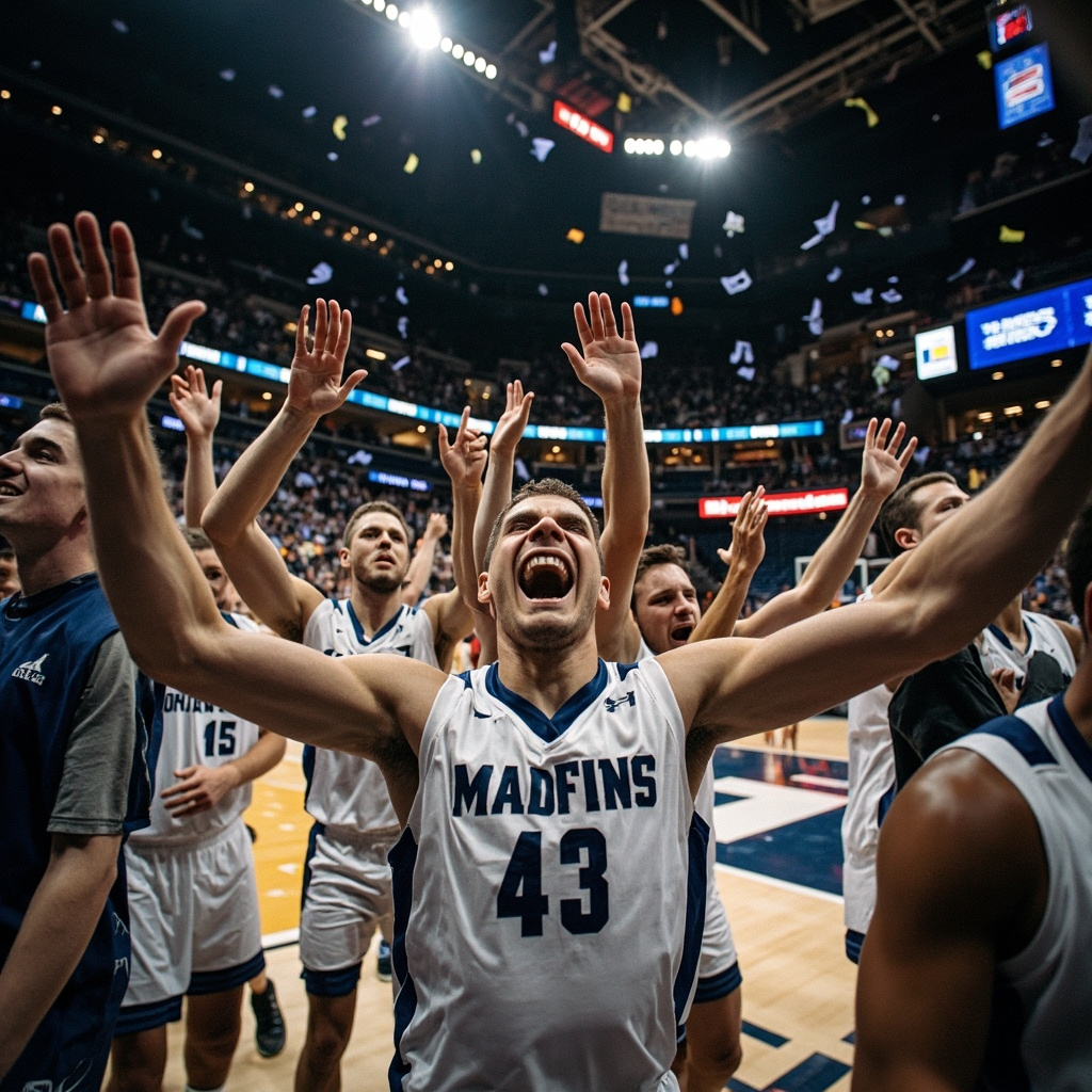 Iowa Hawkeyes basketball players celebrating on the court after a dramatic buzzer-beating victory with confetti in the air
