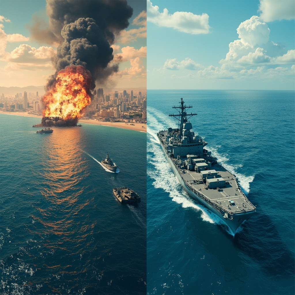 A split screen showing smoke rising over Tel Aviv on the left and a US Marine amphibious assault ship transiting the Strait of Hormuz on the right