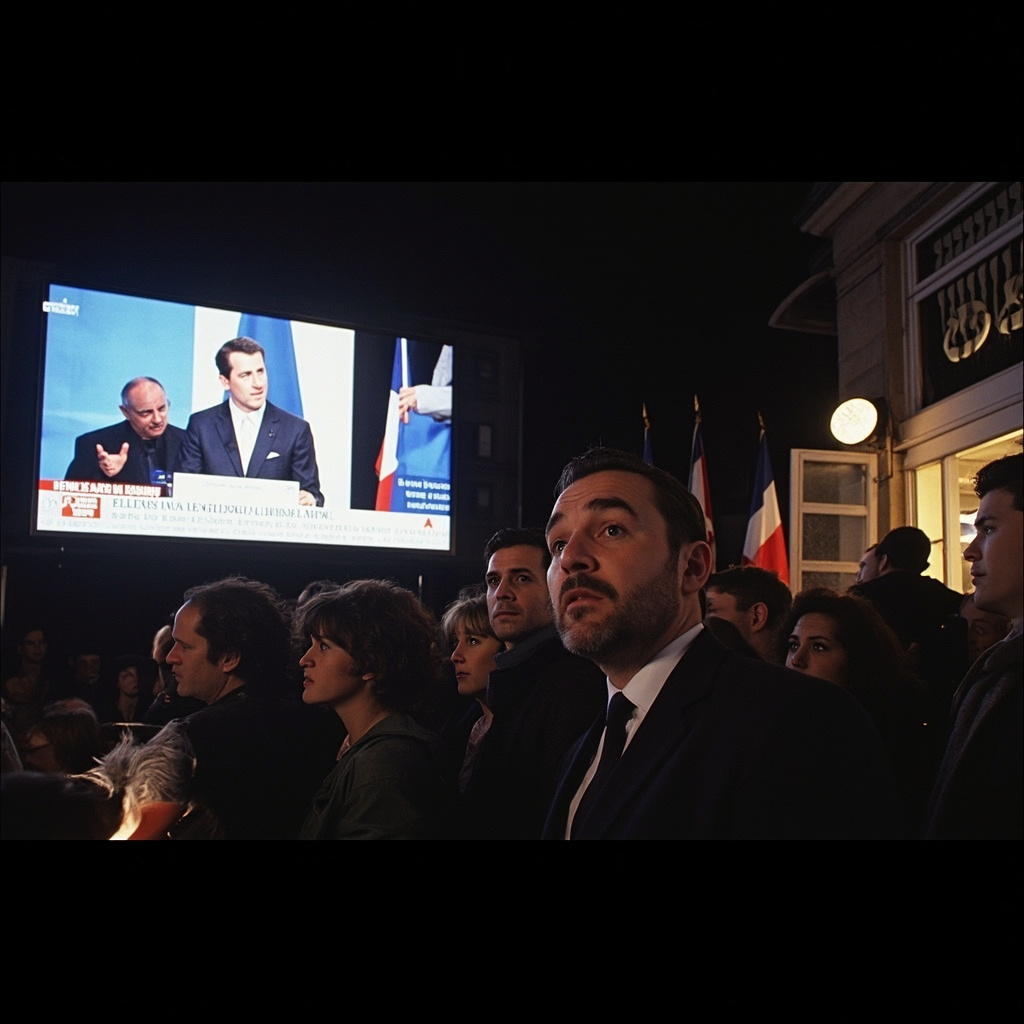 Television broadcast showing Jean-Marie Le Pen's surprise second-place finish in the 2002 French presidential election, stunned crowds gathered outside polling stations