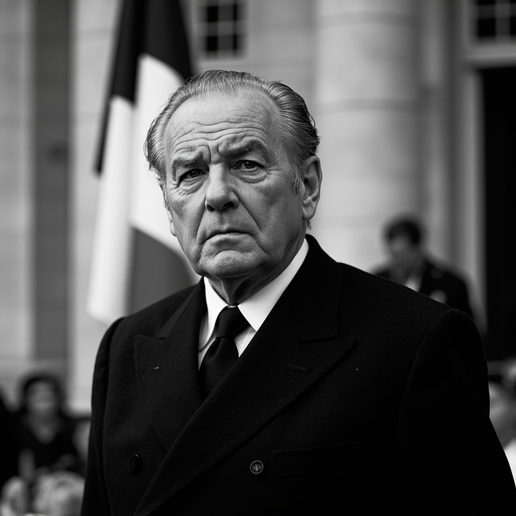 Black and white photograph of Lionel Jospin in a dark suit at the Elysee Palace, looking contemplative, with the French tricolor visible in the background