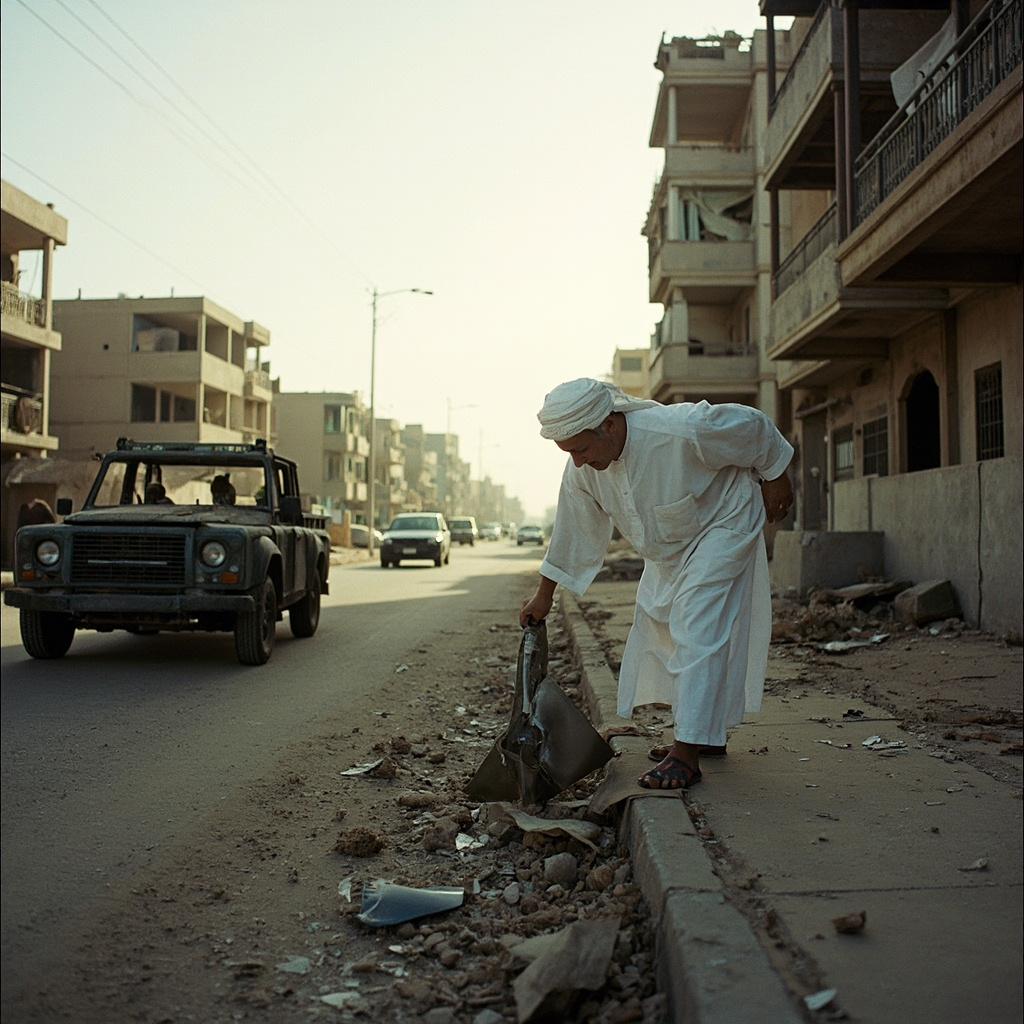 Interceptor missile debris scattered across a residential neighborhood in Kuwait City, with damaged cars and broken windows visible in morning light